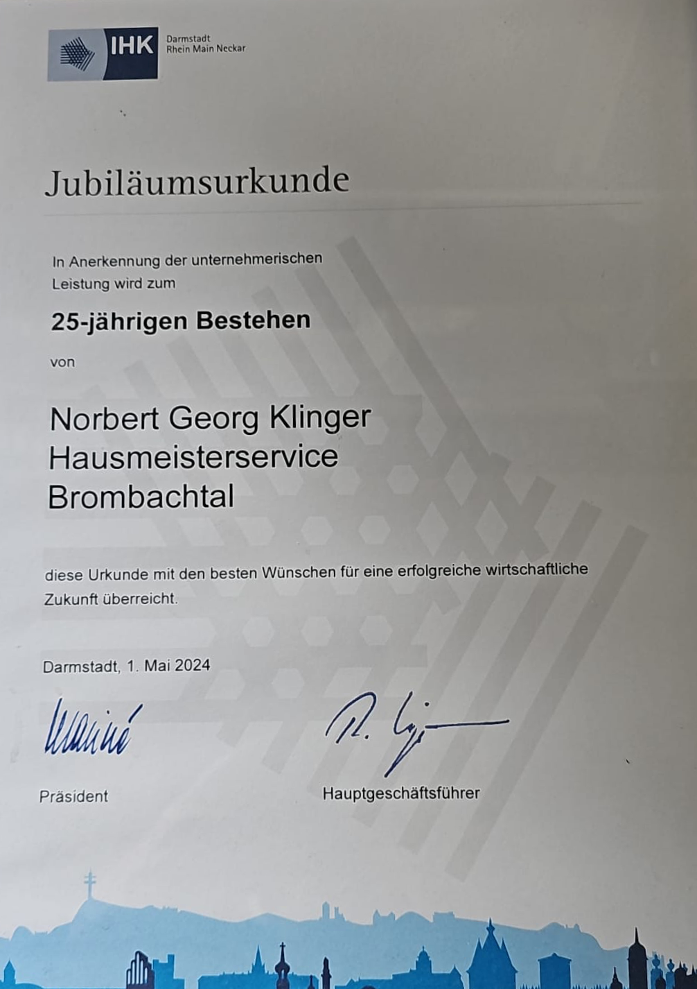 IHK Jubil&auml;umsurkunde - 25 Jahre NOKLI Hausmeisterservice
